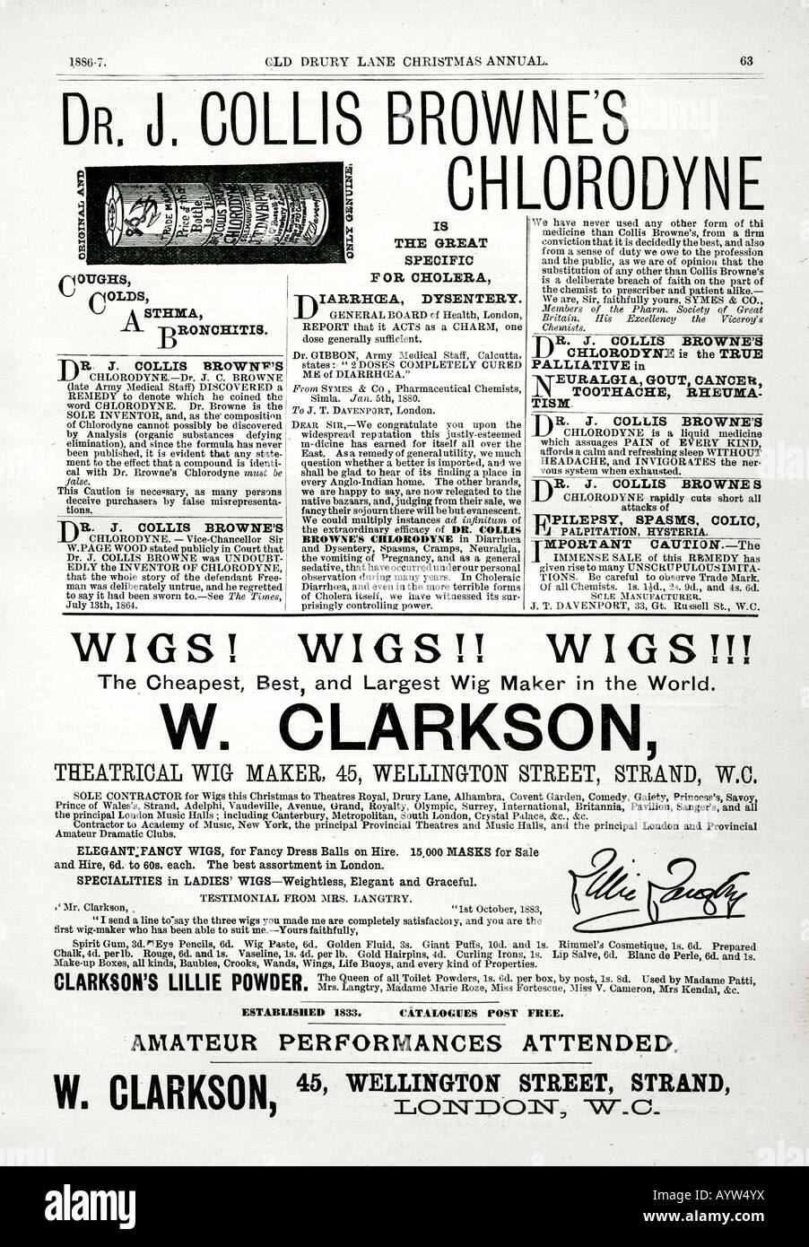 Victorian advertisement 1886 for Dr J Collis Browne's Chlorodyne Remedy and Clarkson's Wigs of The Strand London ONLY EDITORIAL Stock Photo