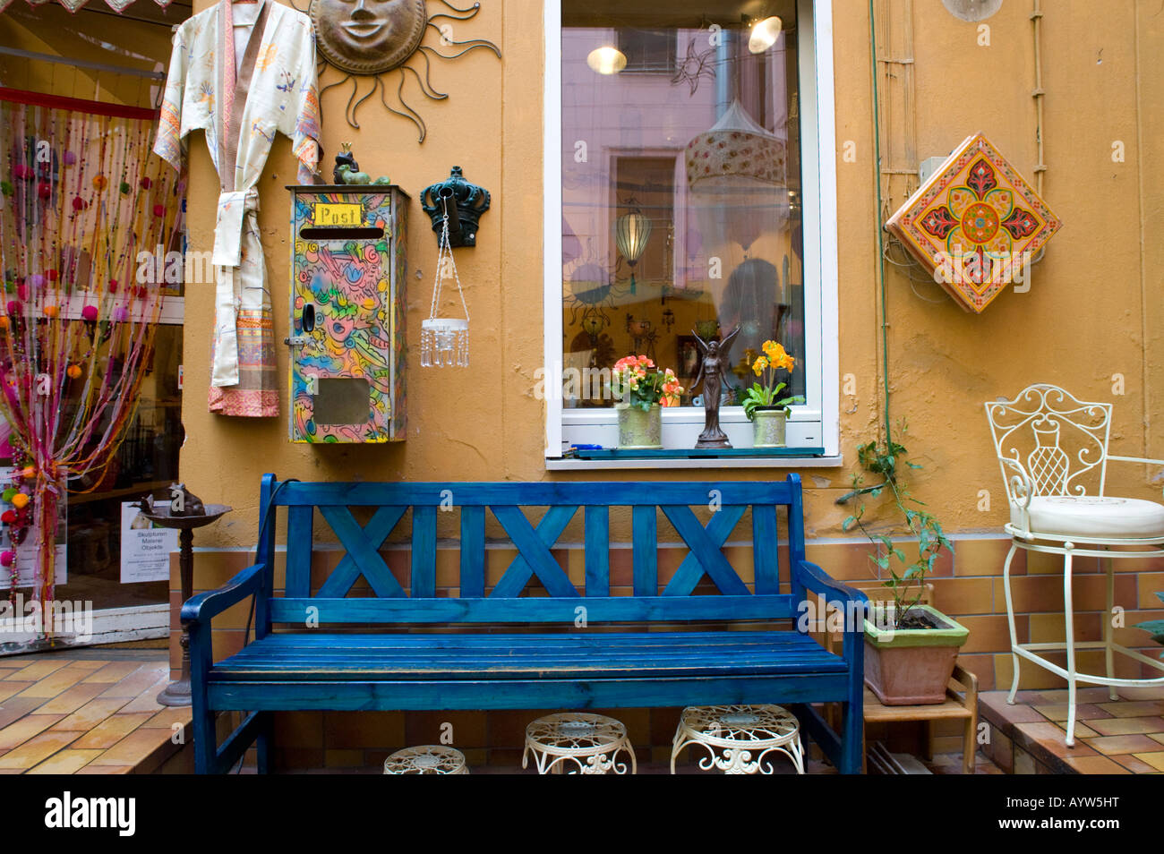 Exterior of arts and crafts shop inside small courtyard off Bergmannstrasse in bohemian part of