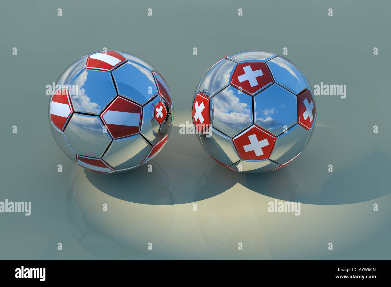 Two chrome balls with flags of Austria and Switzerland 3D rendering with reflections of blue sky with clouds Stock Photo