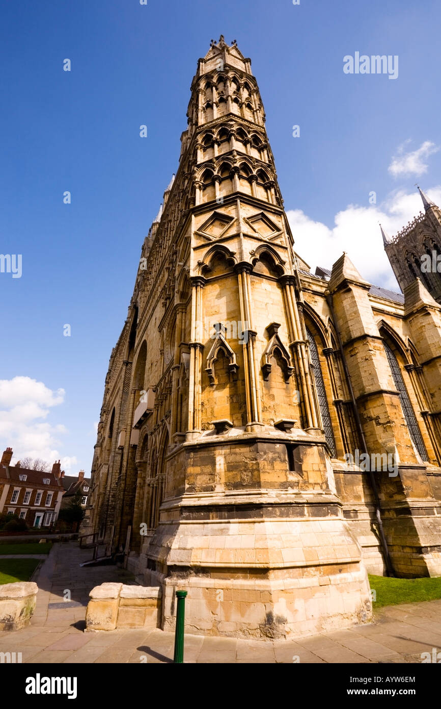 Front facade of Lincoln Cathedral with extreme wide angle Stock Photo