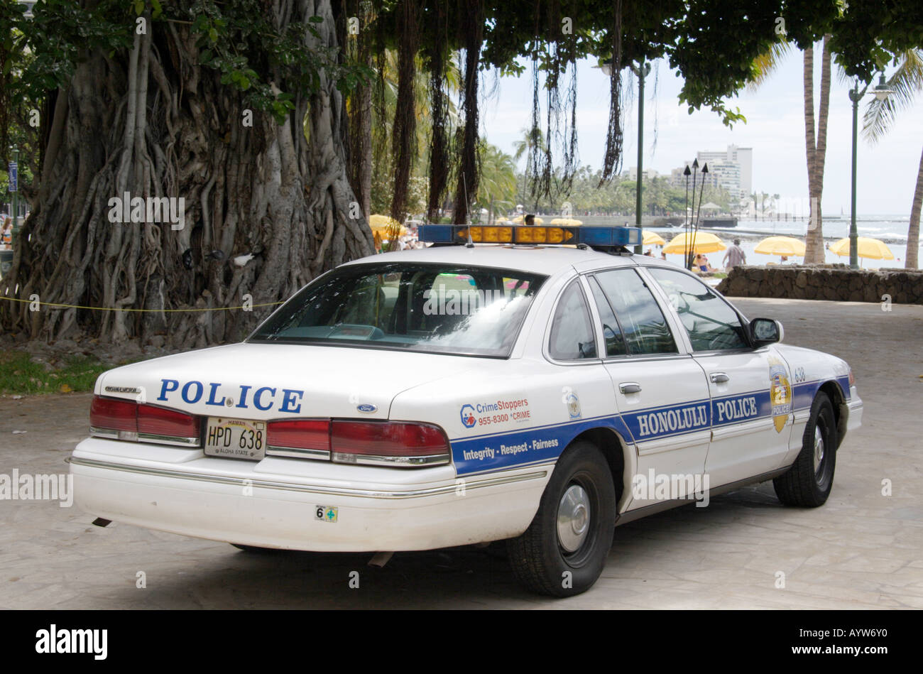 Honolulu police car at Waikiki Beach Stock Photo