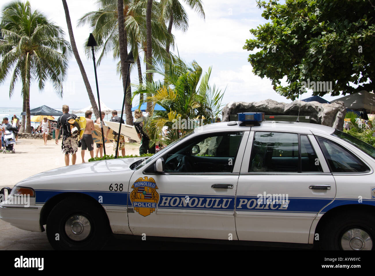 Honolulu police car at Waikiki Beach Stock Photo