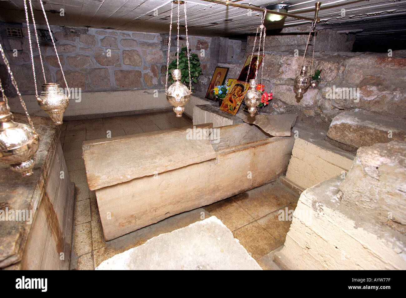 The coffin of St Lazarus in the crypt beneath the Church of St Lazarus in Larnaca Cyprus Stock Photo