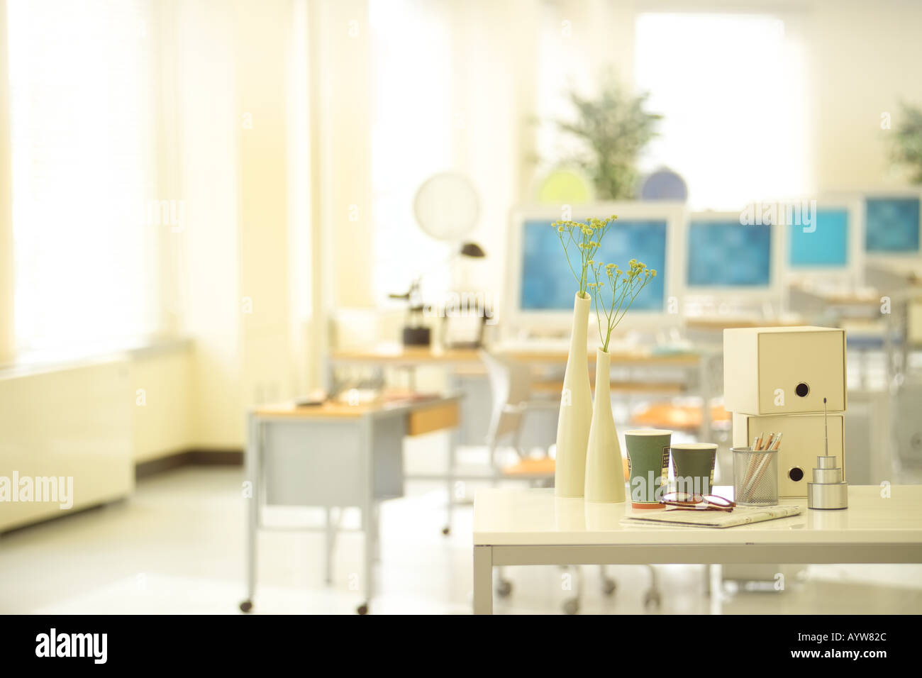 Office interior with flowers in white vases Stock Photo - Alamy