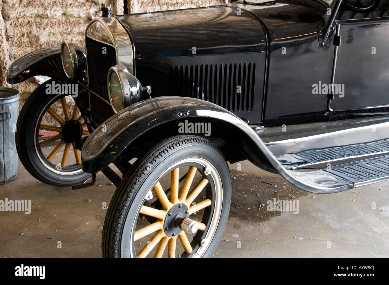 The front end of a classic 1928 Model T Ford 4-door touring car. Stock Photo