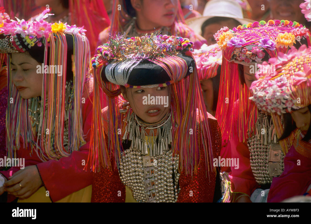 Lisu girls in traditional dress New Year celebrations Mae Salong area