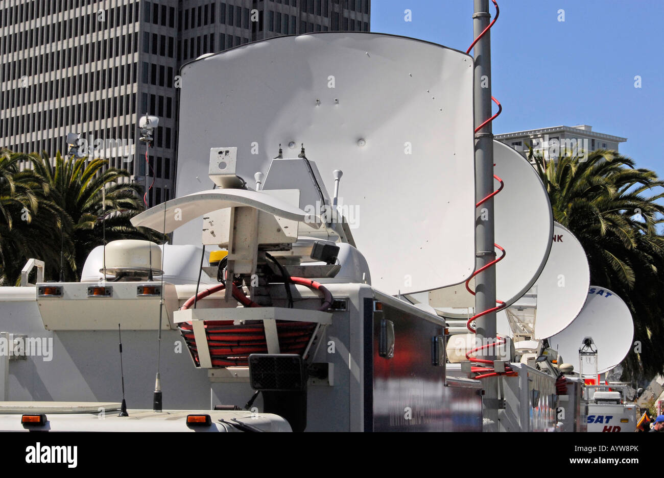 'TV news satellite transmission trucks, San Francisco' Stock Photo