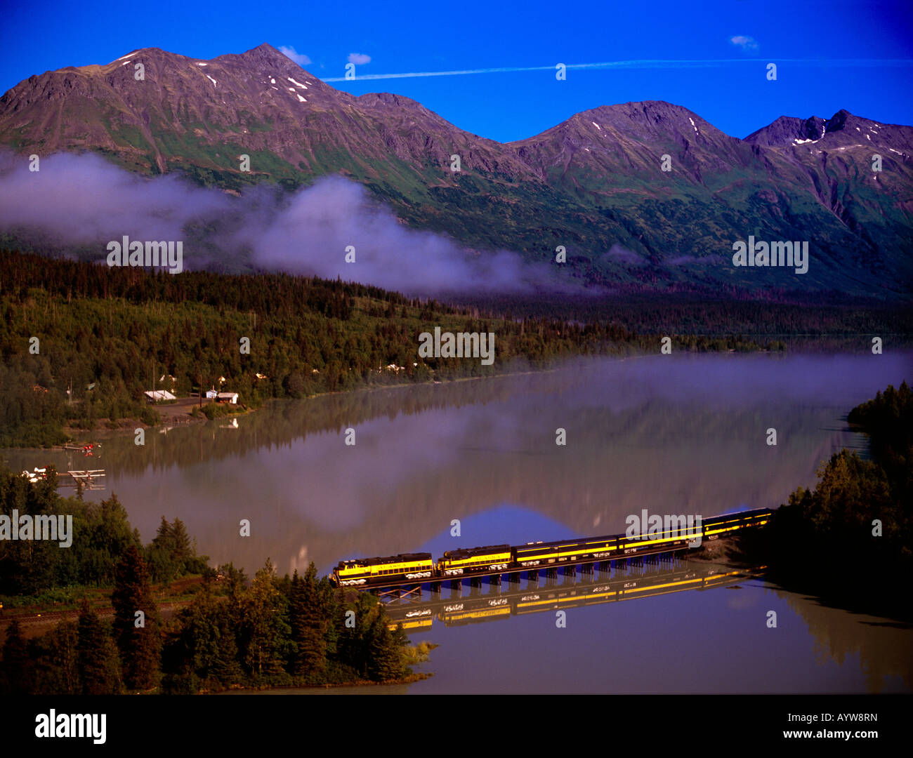 The Alaska Railroad train crossing the bridge over Trail Lake into