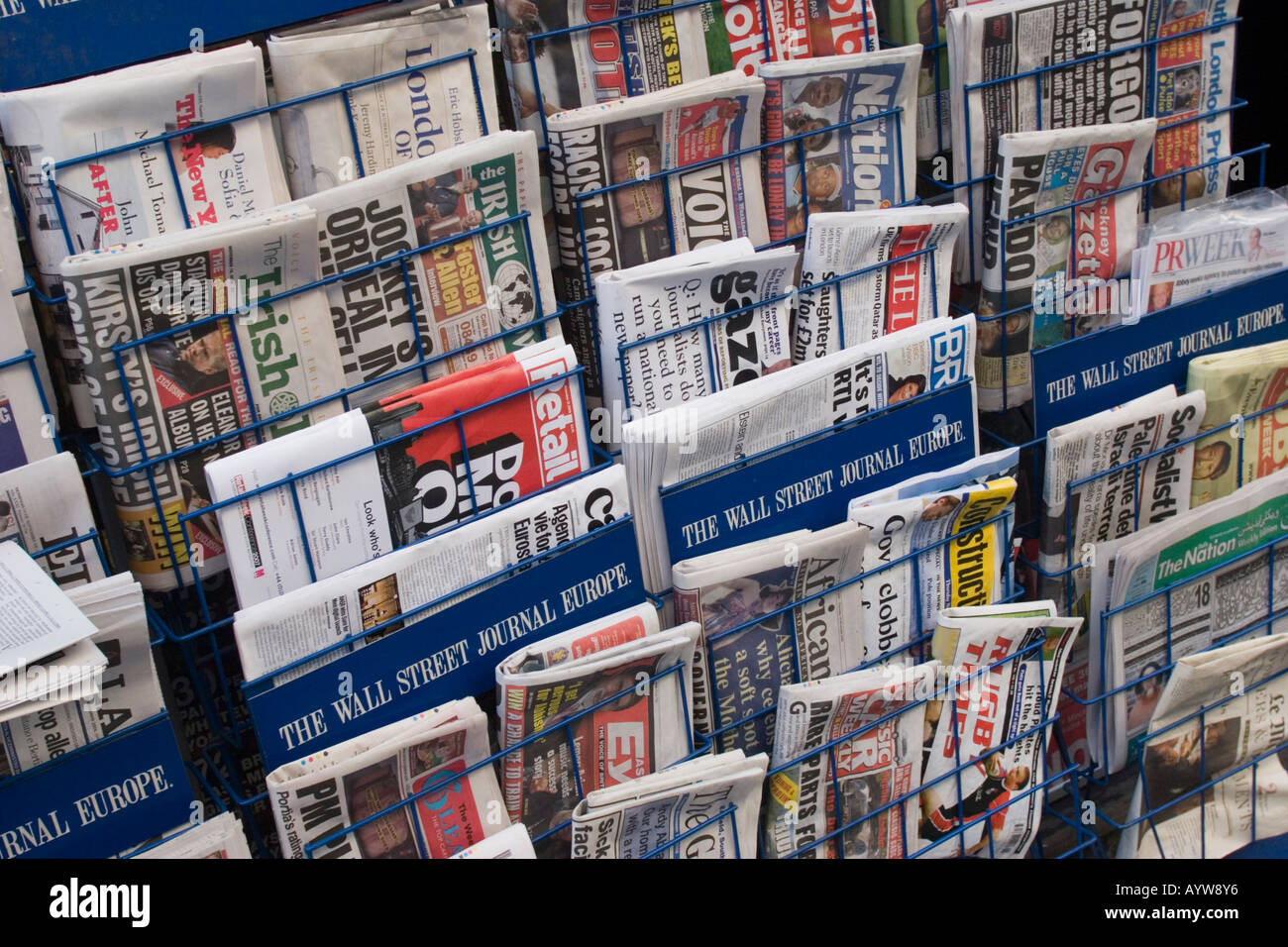 International newspaper stand, London UK Stock Photo
