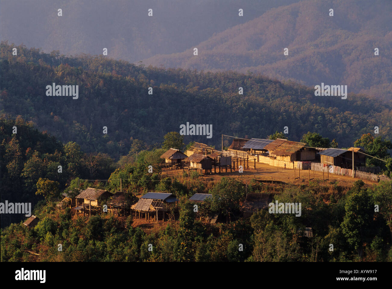Karen hill tribe village surrounded by teak forest Tectona grandis Mae Sariang N Thailand Stock Photo