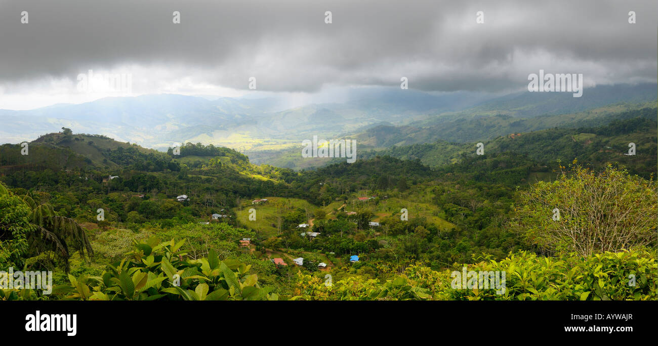 Panorama of valley sun after coming down from the cloud forest jungle of San Isidro in Costa Rica Stock Photo