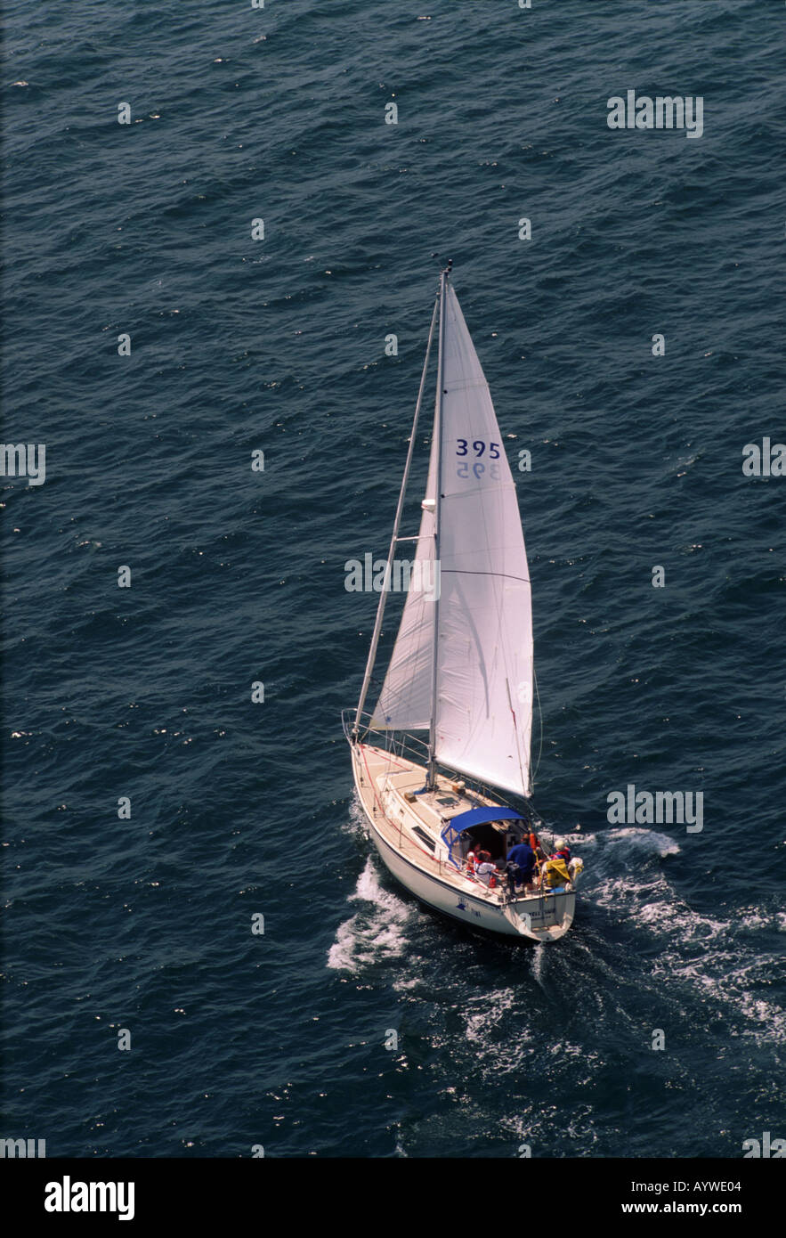 Cruising sailboat beating upwind Aerial view Rhode Island USA Stock Photo
