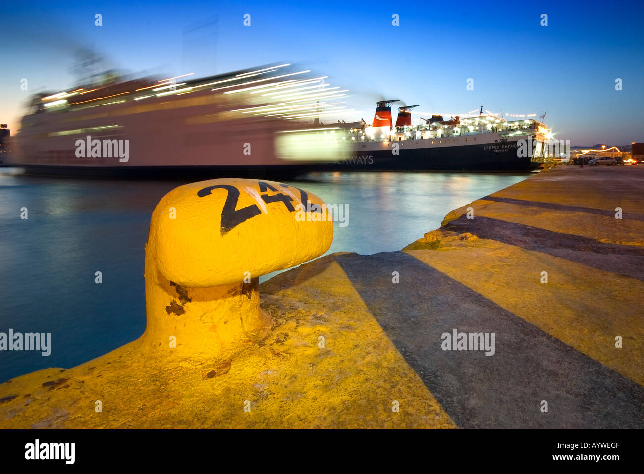 Ferries Setting Sale, Dusk, Piraeus Port, Greece Stock Photo