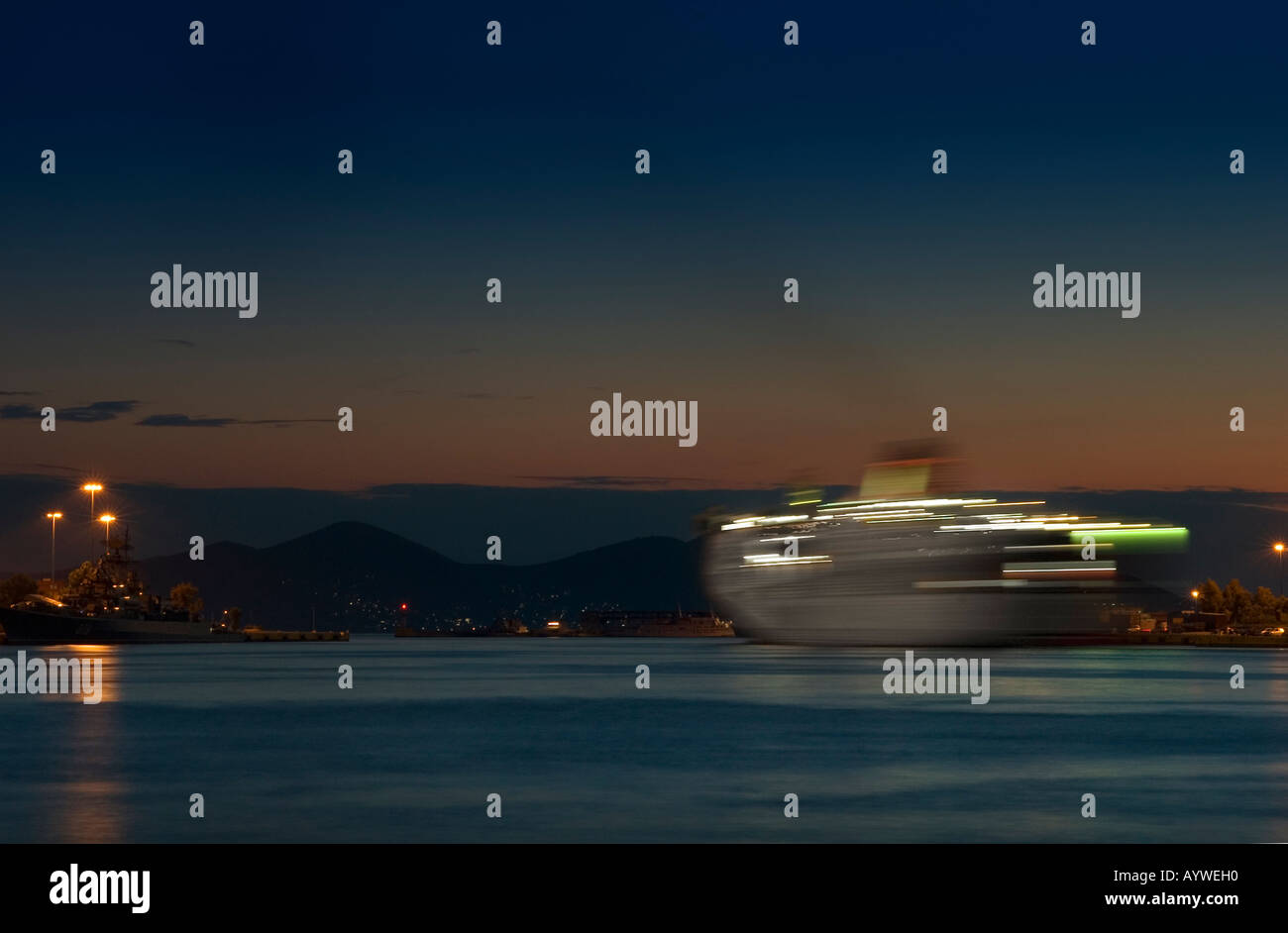 Ferries Setting Sale Leaving Piraeus Port, Dusk, Greece Stock Photo