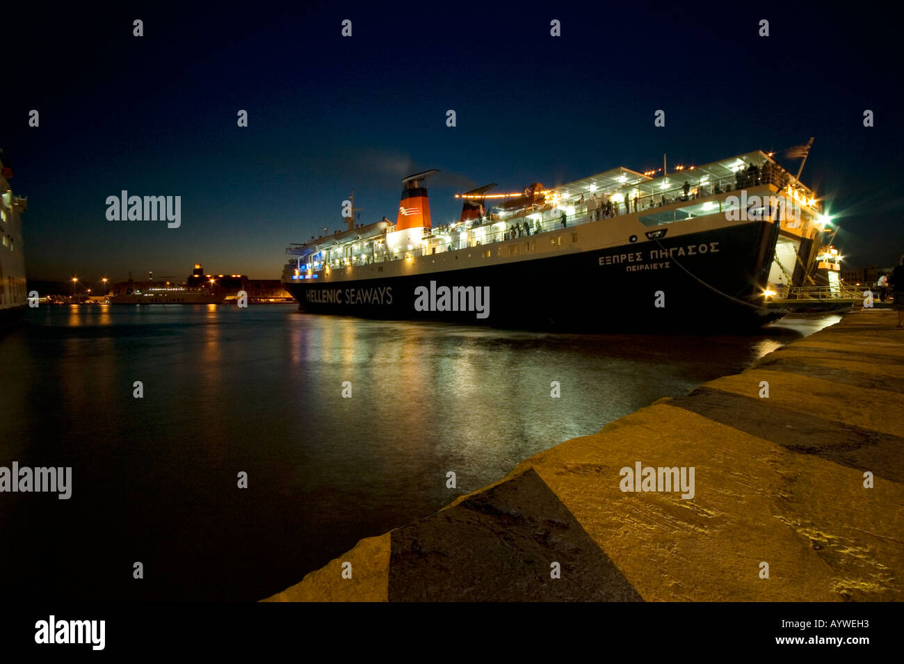 Ferries Setting Sale, Nighttime, Piraeus Port, Greece Stock Photo