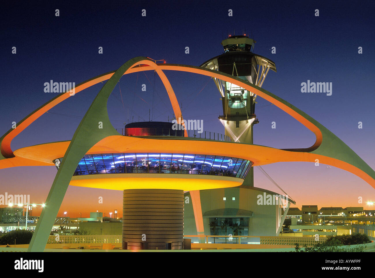 The Theme Building at LAX with the Flight Control Tower behind seen