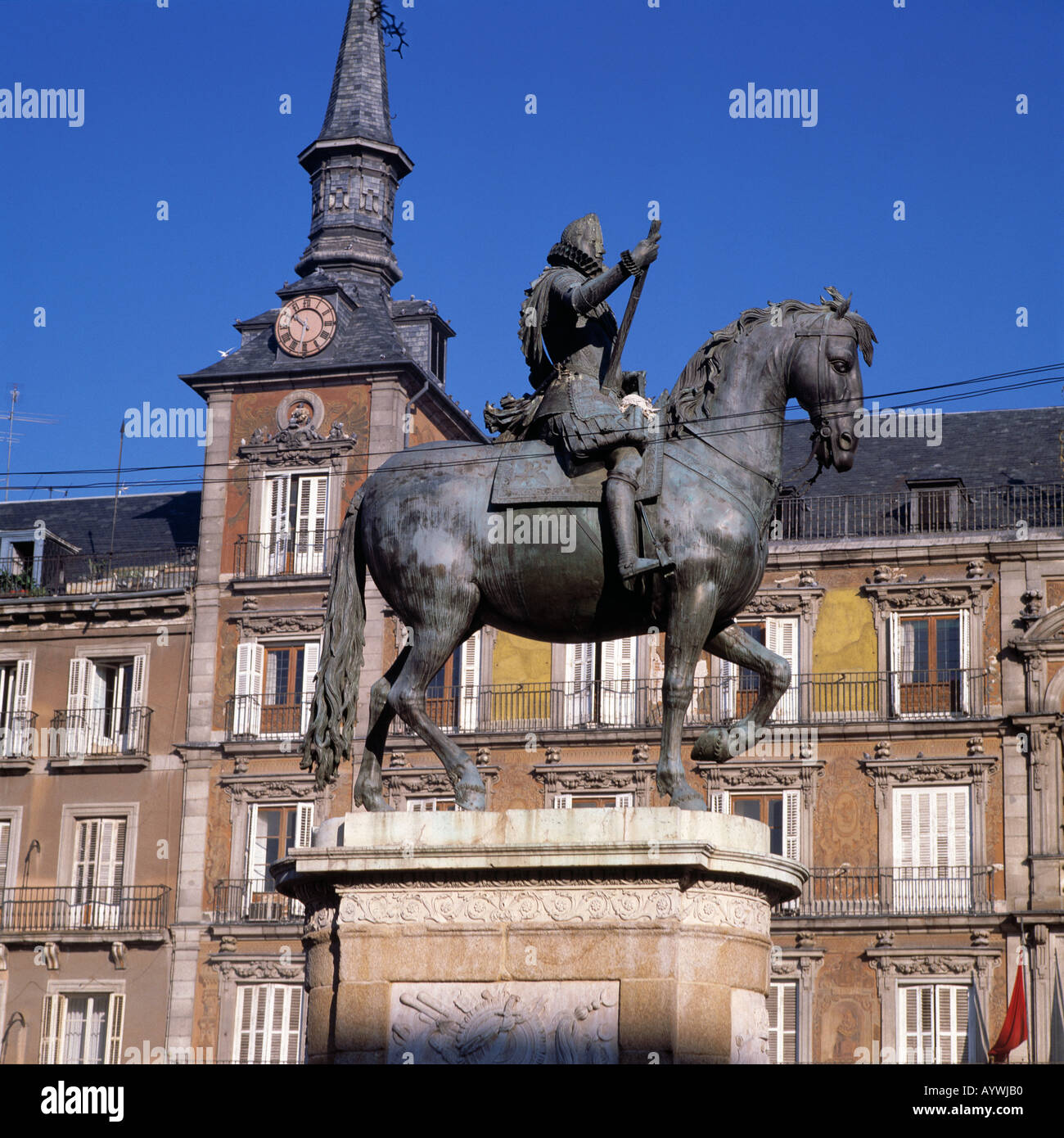 Plaza Mayor, Reiterdenkmal Philipp III, Reiterstandbild, Statue, Madrid Stock Photo