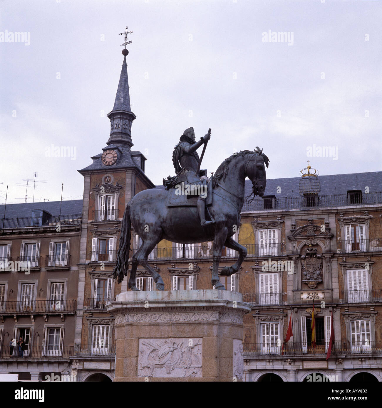 Plaza Mayor, Reiterdenkmal Philipp III, Reiterstandbild, Statue, Madrid Stock Photo