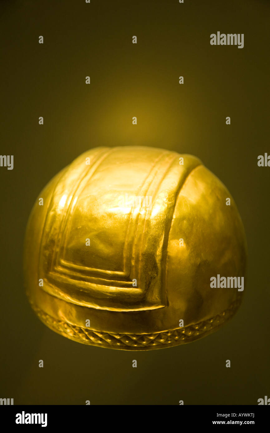Tumbaga helmet found in Quimbaya,  Colombia,  in the gold museum in bogota Stock Photo