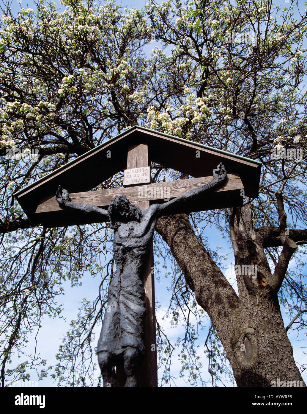 Wegkreuz vor einem bluehenden Baum in Bottrop, Ruhrgebiet, Nordrhein-Westfalen Stock Photo