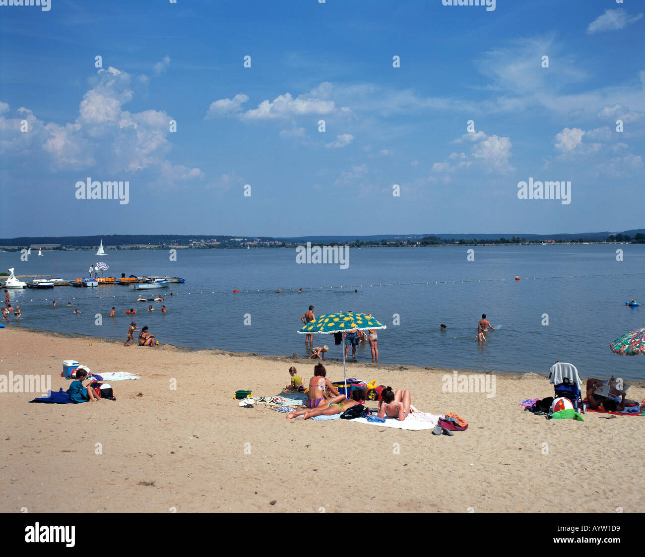 D-Gunzenhausen, Altmuehl, Franconia, Bavaria, New Franconian lake district, Altmuehl Lake, people, sunbathe Stock Photo