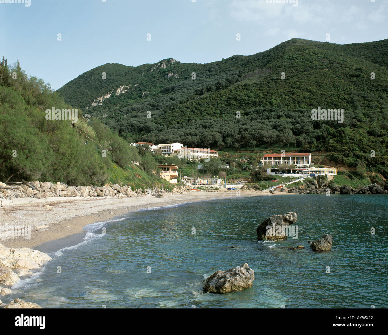 Kuestenlandschaft und Strand von Ermones, Korfu, Ionische Inseln, Griechenland Stock Photo