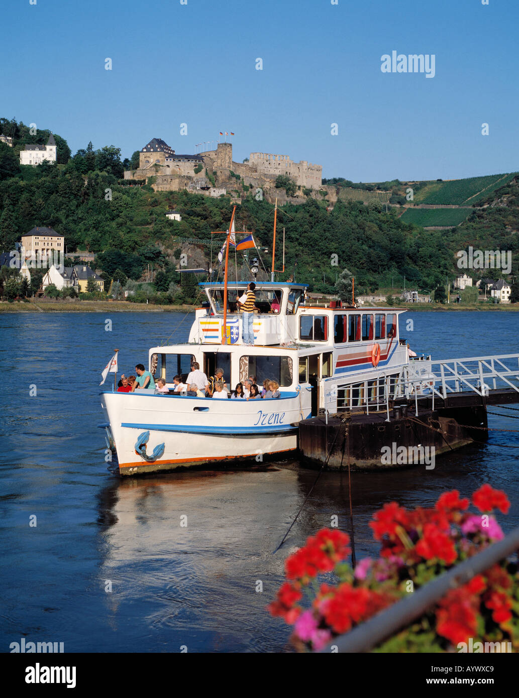 Ausflugsschiff vor der Burgruine Rheinfels in St. Goar, Rhein ...
