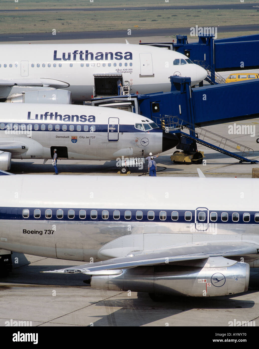 D-Duesseldorf, Rhine, North Rhine-Westphalia, airport, aeroplanes during clearance on terminals, Lufthansa, Lufthansa aeroplane, Lufthansa fleet, City Jet 737, Boeing, jet aircraft, passenger plane, air traffic, airplane, aircraft, tourism, transport, tra Stock Photo