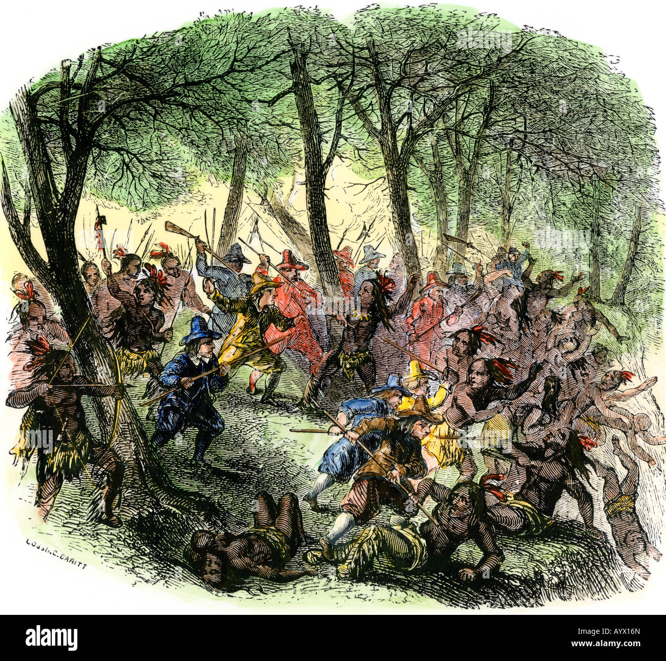 Massacre of Mohawk Indians by New Netherland Governor Kieft 1640s. Hand-colored woodcut Stock Photo
