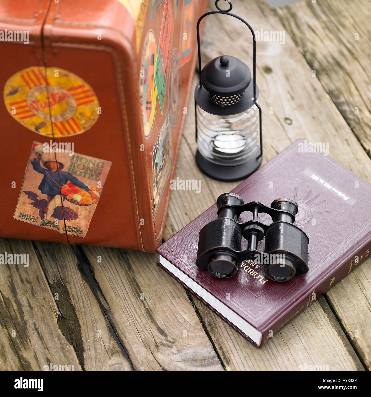 book, binocular and bag Stock Photo Alamy