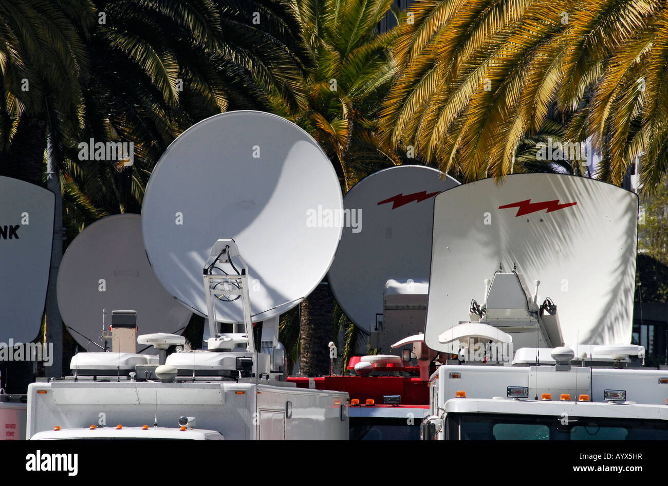 'TV news satellite transmission trucks, San Francisco' Stock Photo