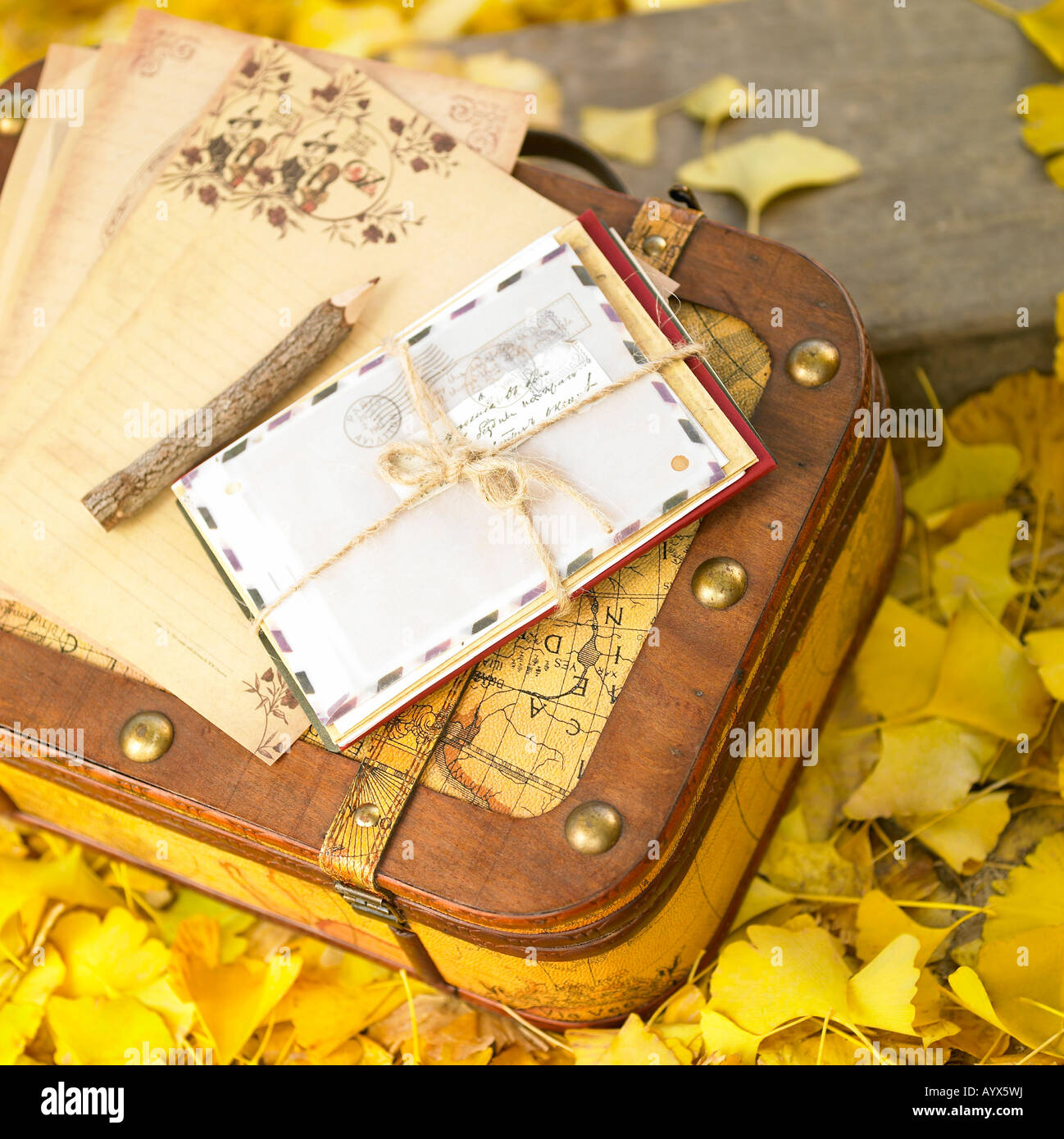 bundle of letters and bag on the yellow gingko leaves Stock Photo