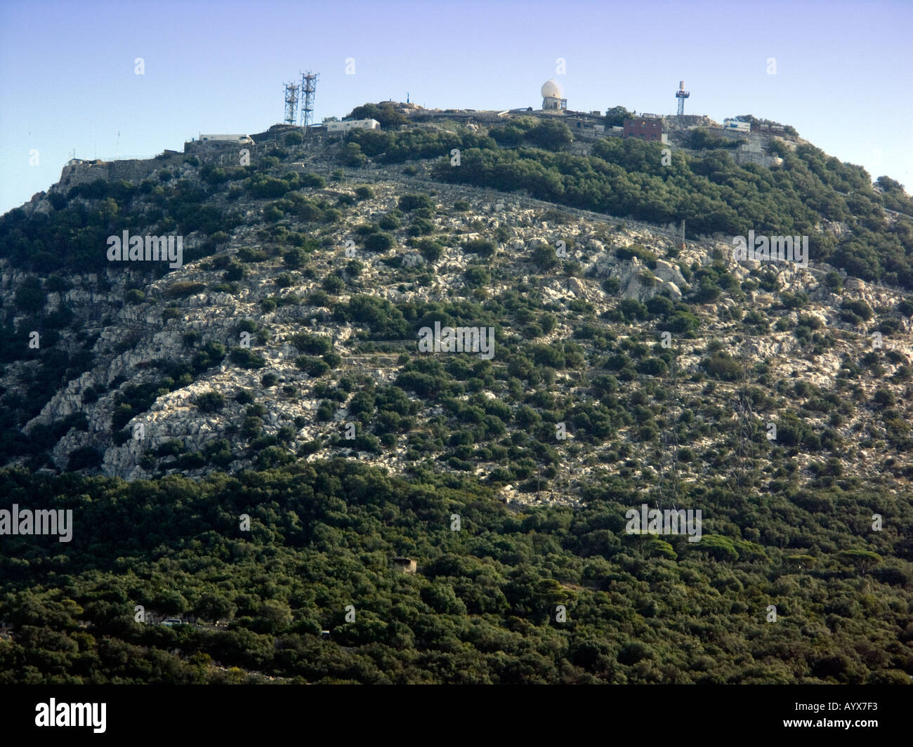 Hi Tec Communication equipment atop the scrub covered Jurassic Limestone Cliffs of the Rock of Gibraltar, Europe, Stock Photo