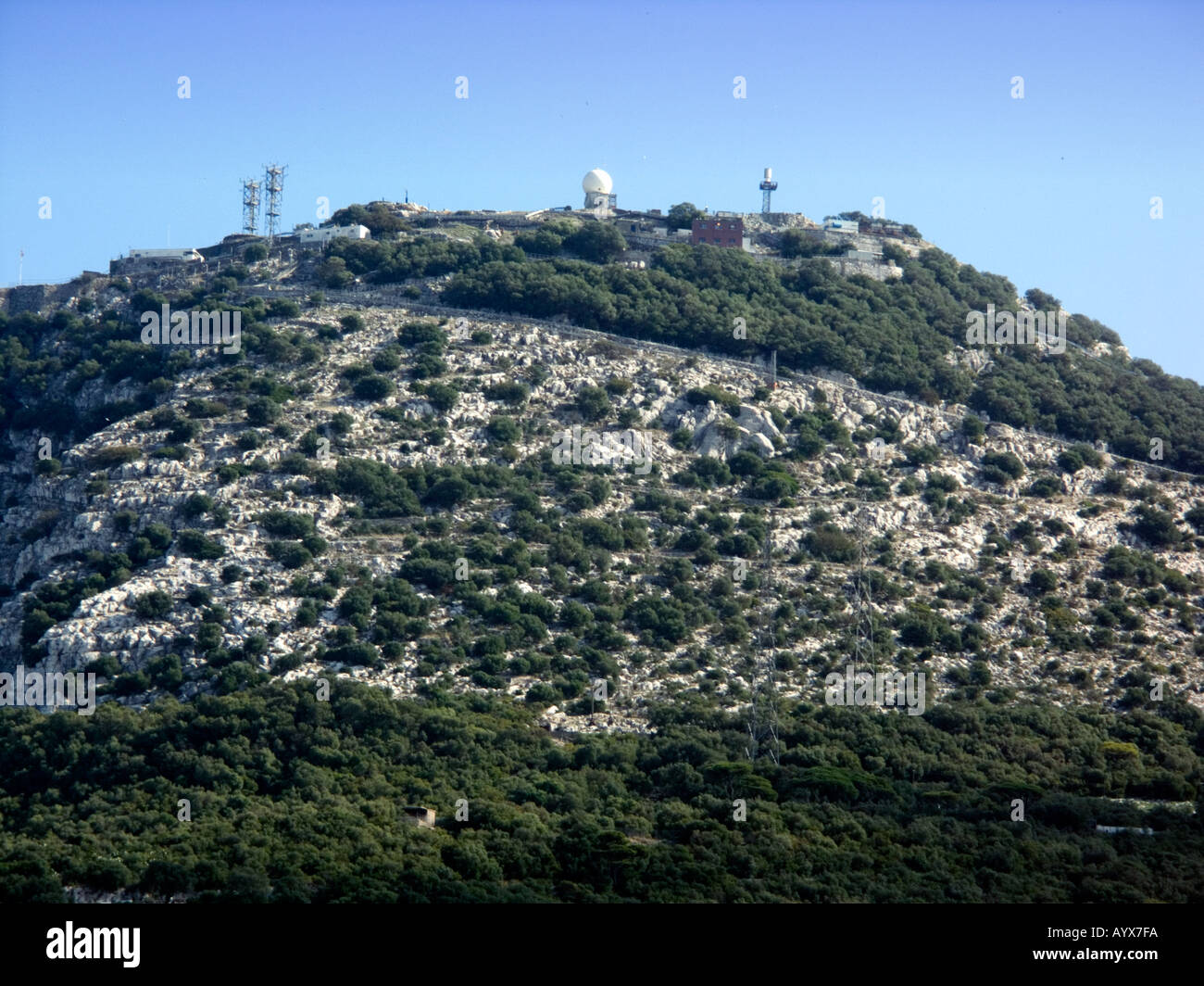 Hi Tec Communication equipment atop the scrub covered Jurassic Limestone Cliffs of the Rock of Gibraltar, Europe, Stock Photo