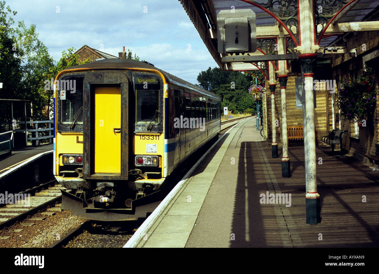 Local railway service from Lowestoft to Ipswich arriving at Saxmundham on the East Suffolk Line, UK. Stock Photo