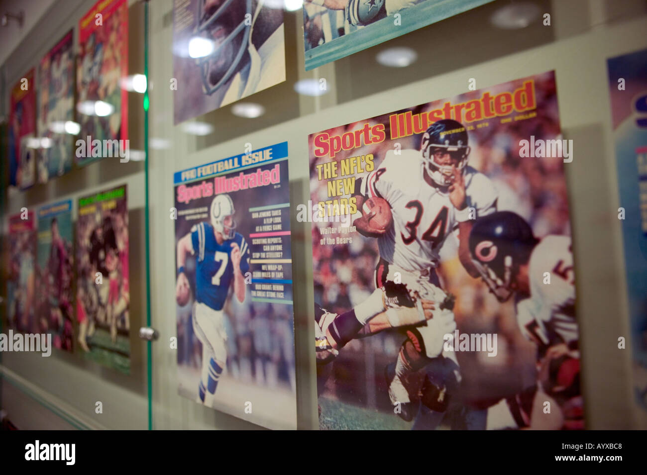 Historical covers of Sports Illustrated magazine in the NFL headquarters in New York City USA January 2005 Stock Photo
