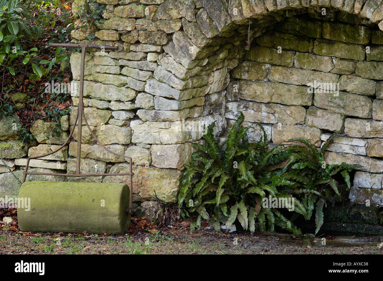 Old Stone Garden Roller Painswick Rococo Gardens Stock Photo