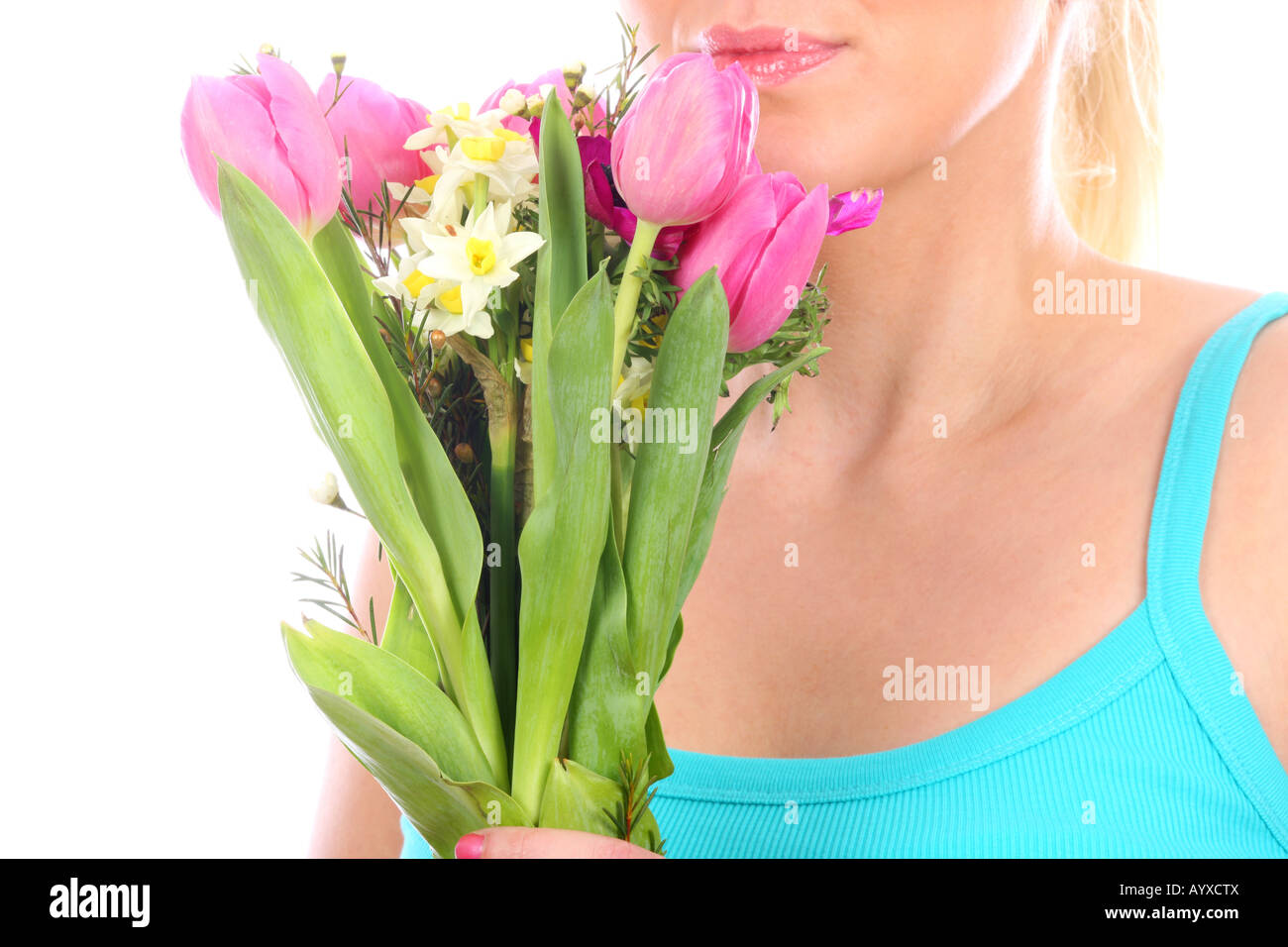 Young Woman Holding Bunch of Flowers Model Released Stock Photo - Alamy