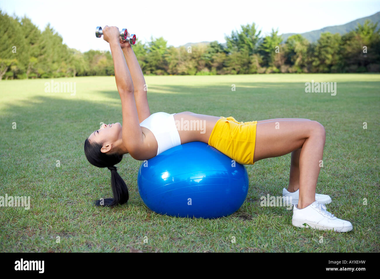 woman excercising with dumbbelll on the gym ball Stock Photo