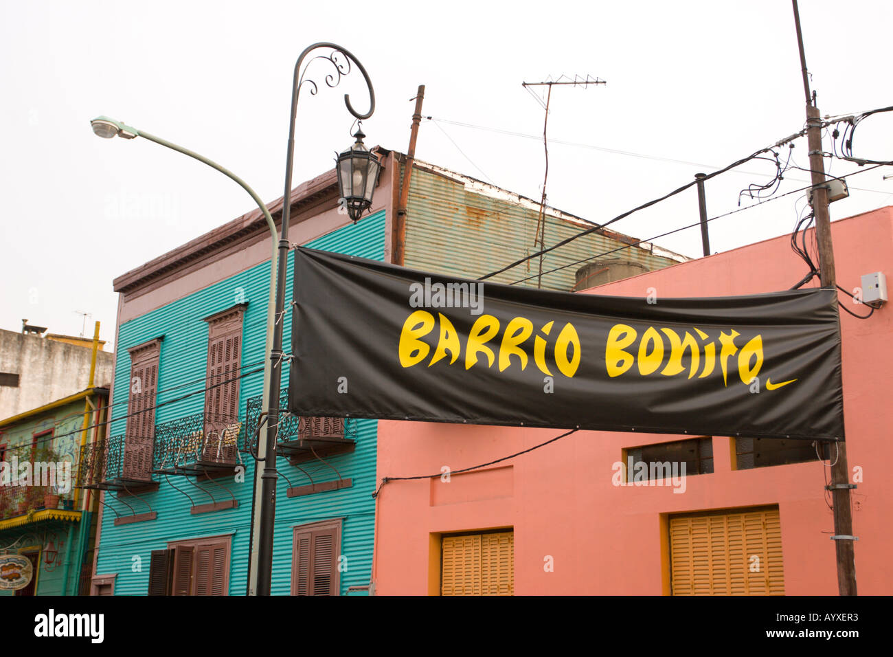 A Nike banner with the Barrio Bonito Pretty neighbourhood slogan in  Caminito La Boca district Buenos Aires Argentina Stock Photo - Alamy