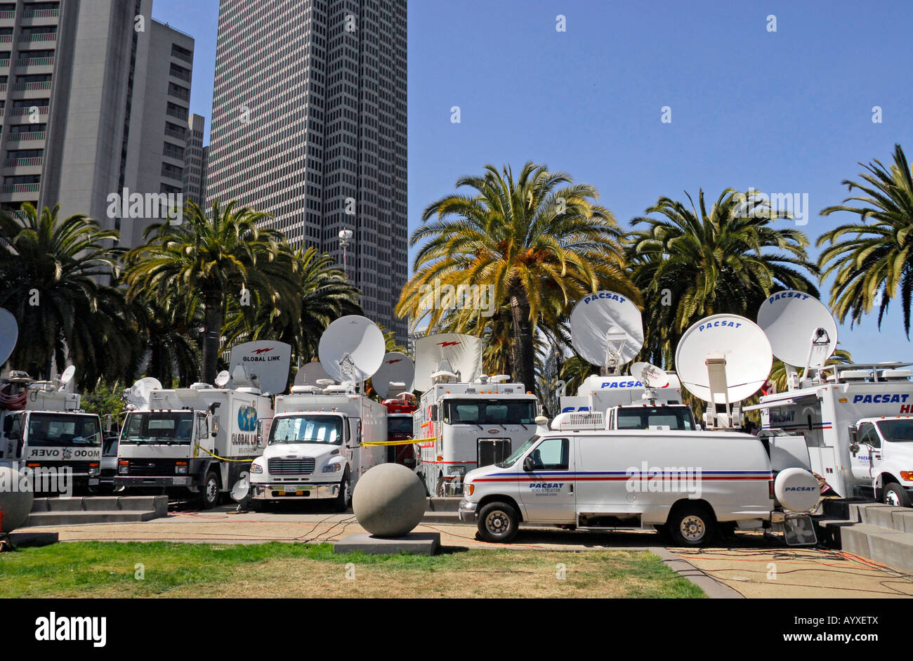 'TV news satellite transmission trucks, San Francisco' Stock Photo