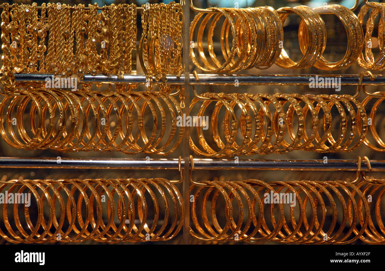 Gold Jewelry in shop window Gold Market Amman Jordan Stock Photo
