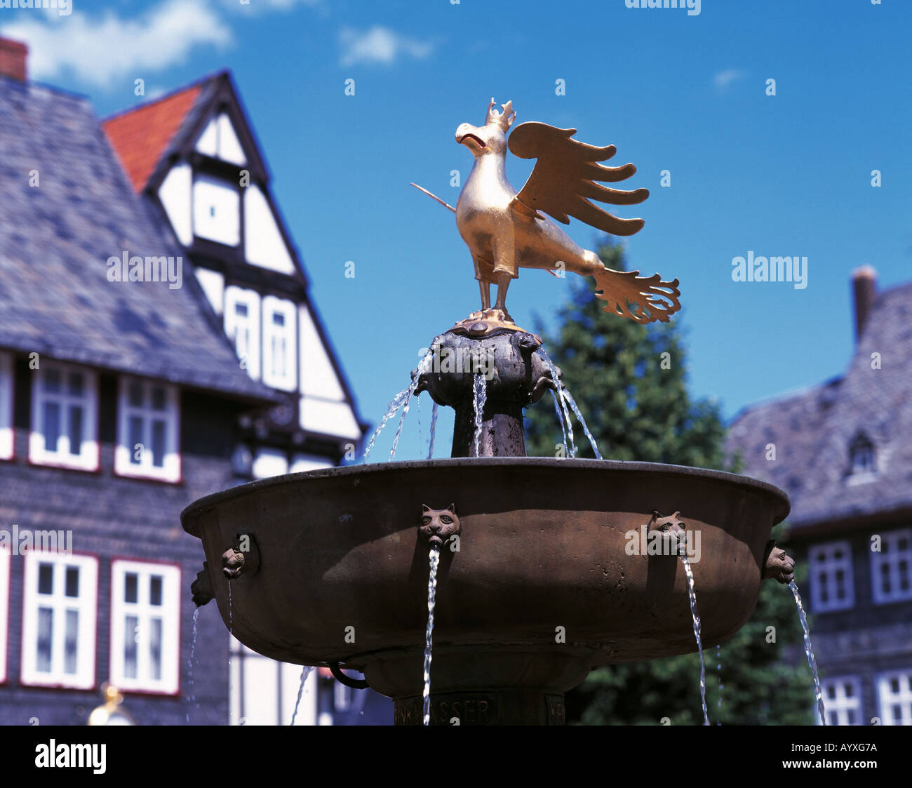 Brunnenfigur, Reichsadler auf dem Marktbrunnen, Goslar, Gose, Harz, Niedersachsen Stock Photo