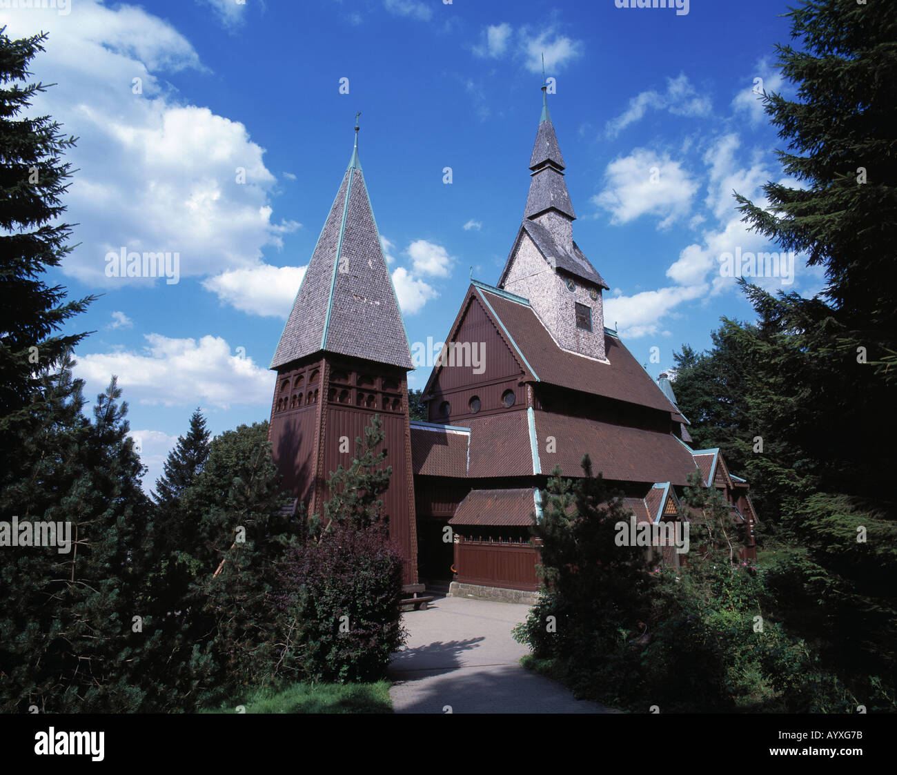 Gustav-Adolf-Kirche, Nordische Stabkirche, Holzkirche, Goslar-Hahnenklee-Bockswiese, Naturpark Harz, Niedersachsen Stock Photo