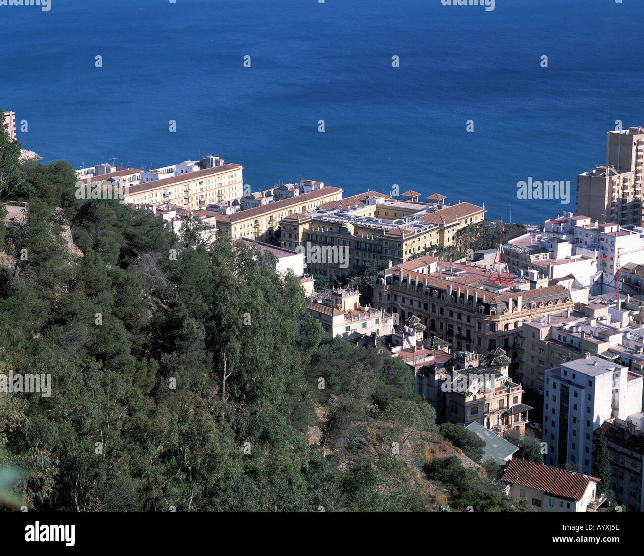 Stadtpanorama, Blick ueber die Stadt auf das Meer, Malaga, Andalusien Stock Photo
