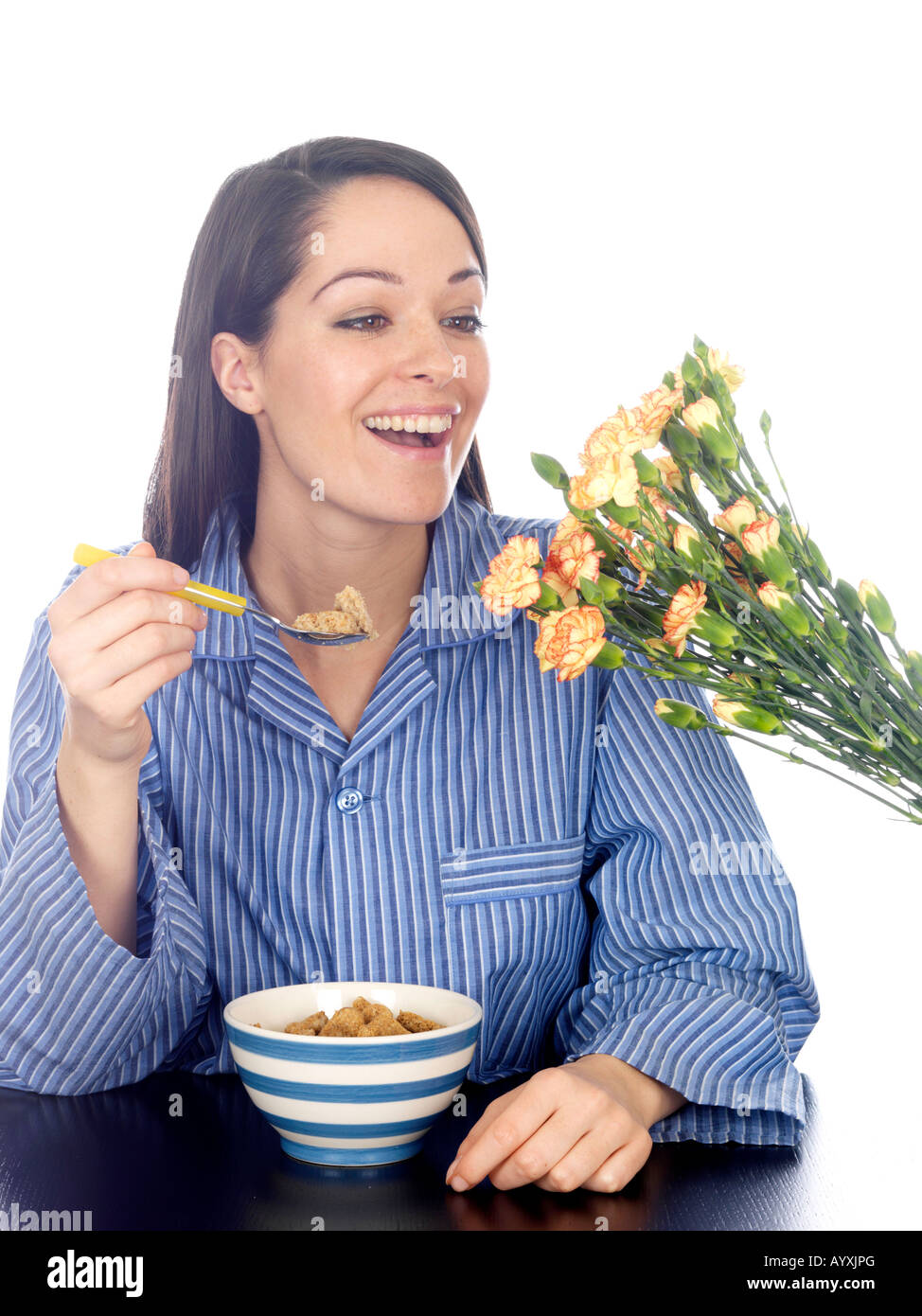 Young Woman Receiving Bunch of Flowers Model Released Stock Photo - Alamy