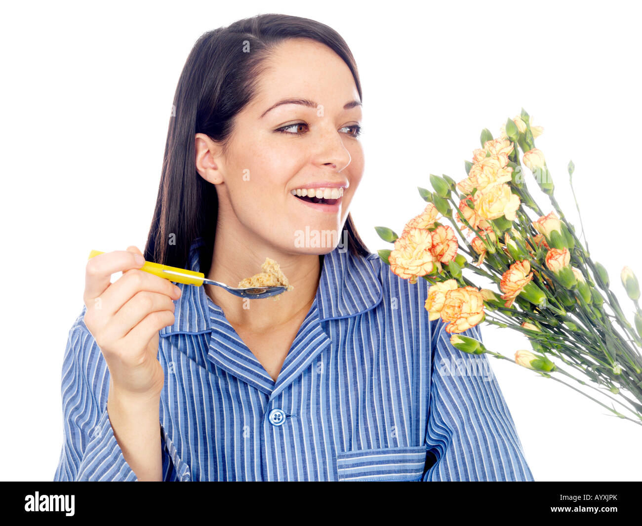 Young Woman Receiving Bunch of Flowers Model Released Stock Photo - Alamy