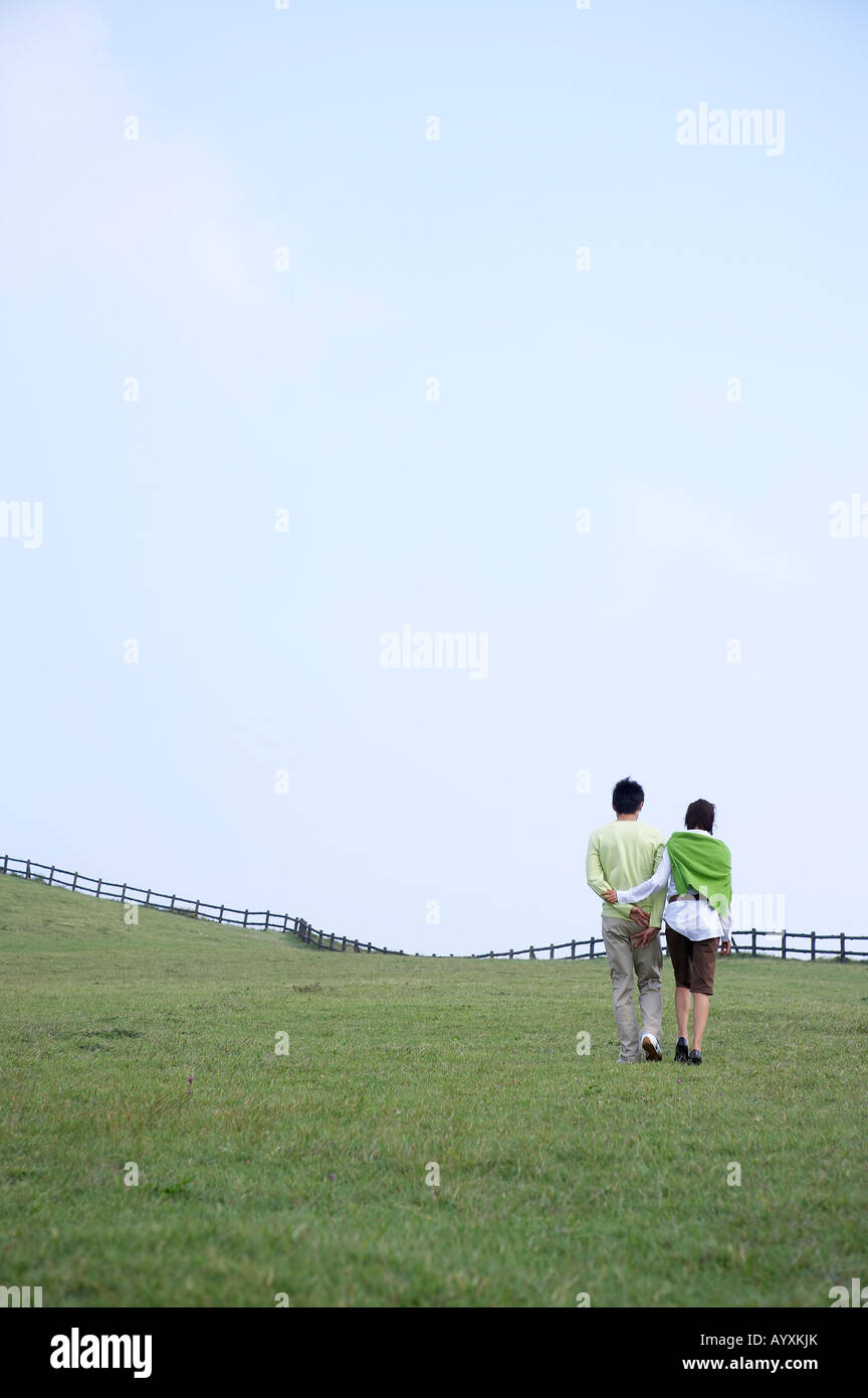 back view of a couple walking on the grass field Stock Photo - Alamy