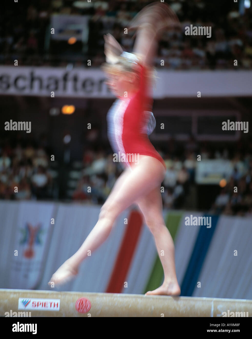 sports, gymnastics, gymnastic exercise, women, young girl on the balance beam, woman, blurred, fuzzy, unsharp, Stock Photo