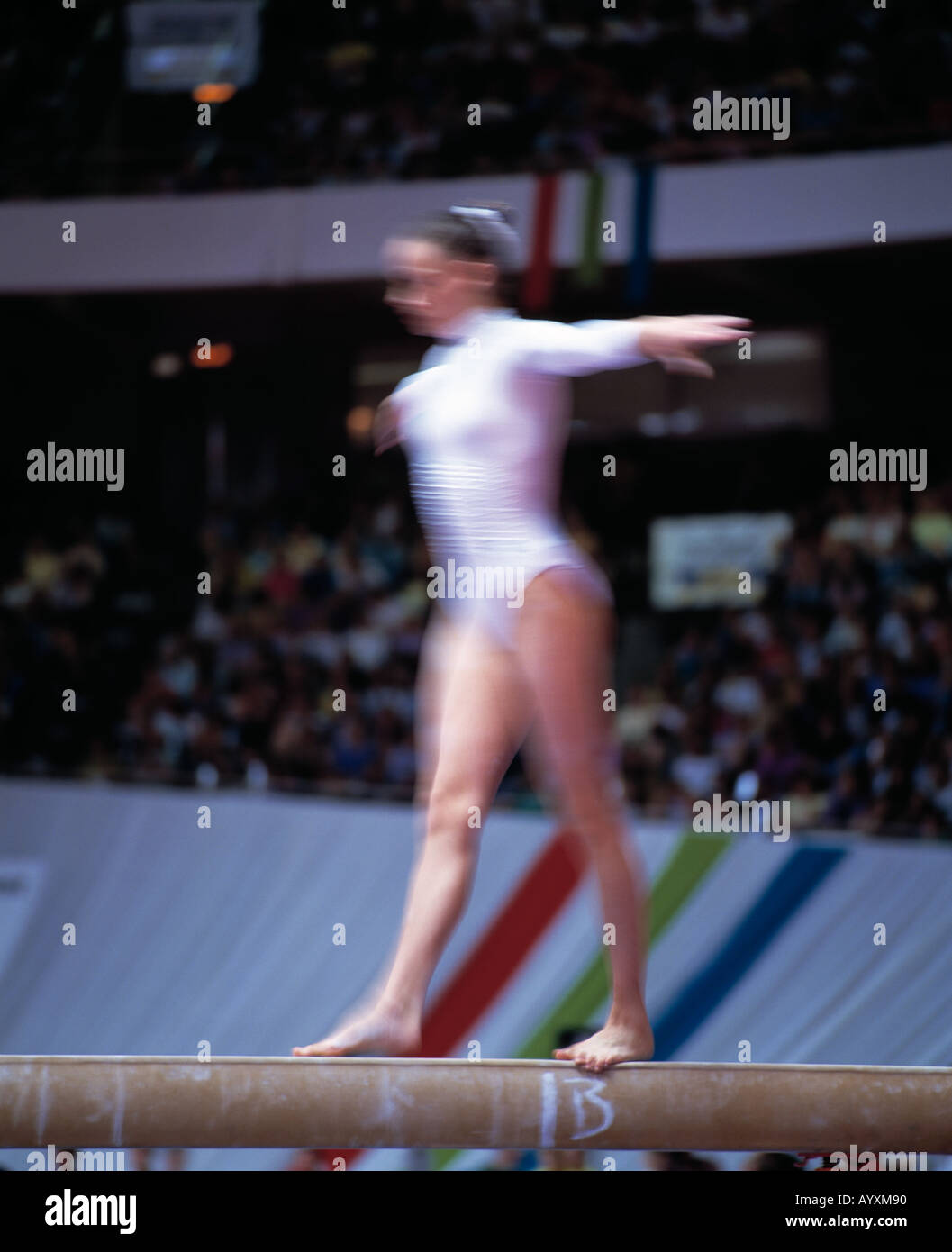 sports, gymnastics, gymnastic exercise, women, young girl on the balance beam, woman, blurred, fuzzy, unsharp, Stock Photo